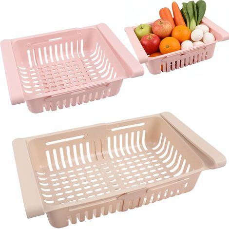 JeiibrZui Tiroir de rangement pour réfrigérateur en 2 pièces - Conception extensible - 21 à 28 cm - Plastique PP de qualité alimentaire - Rose et abricot - Pour légumes, fruits et en-cas (1/5)