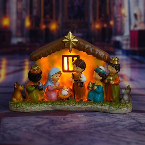 Belén de resina, detallado, pintado a mano, ideal para fiestas, el hogar y la oficina. Dimensiones: 22 x 14 x 8 cm. Multicolor. 530 g. Belén tradicional. (1/5)
