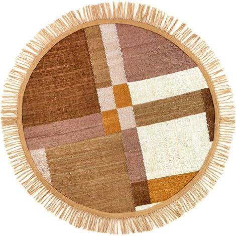 Tapis rond coton marron à franges style bohème multicolore - Marron multicolore à franges beiges