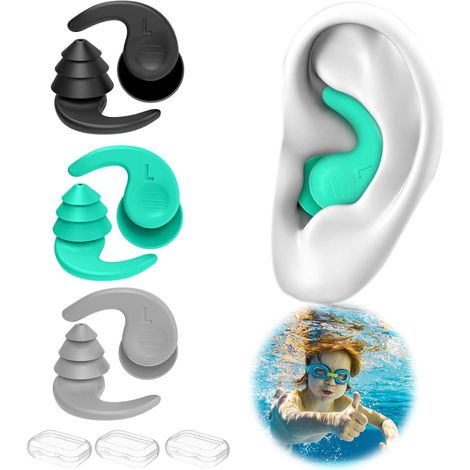 Beyamis Bouchons oreilles silicone natation - 3 paires noir gris bleu (1/5)