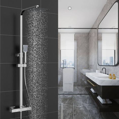 AICA Juego de Columna de Ducha Termostática, Ducha de Baño, Cuadrada Plata, Alcachofa de Ducha con Barra de Acero Inoxidable (1/5)