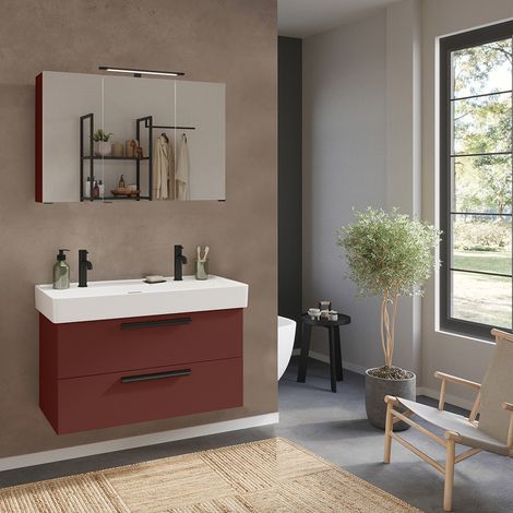 Badmöbel Set 2-teilig Waschtisch für 2 Armaturen und Spiegelschrank in rot - ATELLA-03 (1/5)