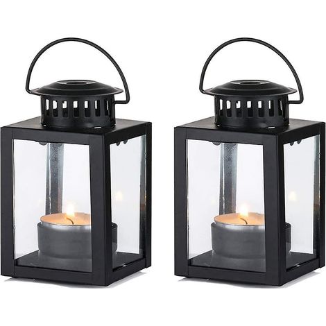 Lanterne de jardin 2024, lot de 2 petites lanternes suspendues style vintage, bougie chauffe-plat noire (1/5)