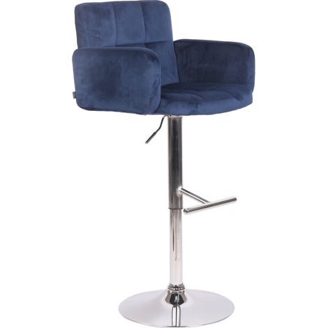 Sgabello da bar girevole in velluto blu e metallo cromato con braccioli poggiapiedi e schienale TDB10648