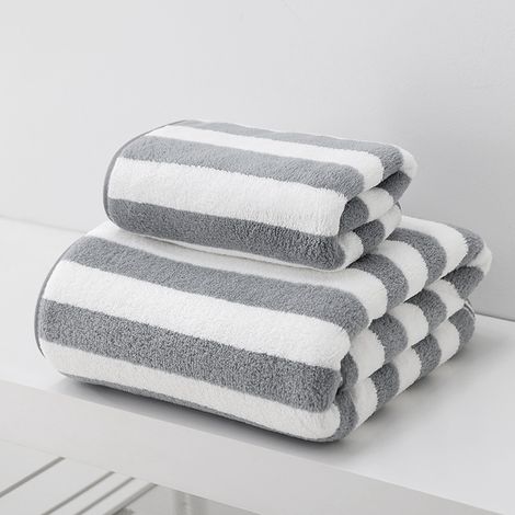 Toalla de baño absorbente para adultos, ideal para el cuerpo, la cara y el vello facial. Toalla de playa grande de 75 cm x 35 cm, con rayas grises. (1/5)