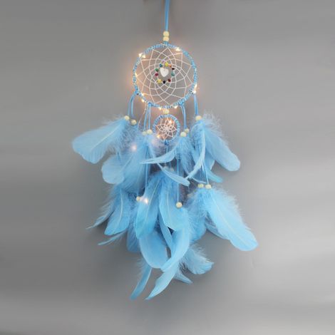 Attrape-rêves en plumes avec lumières LED, décoration portable faite à la main, décor, accessoires de photographie, bleu ciel. (1/5)