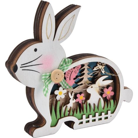 Lapin de Pâques en bois de buis naturel avec lumières LED, décoration de Pâques, lumière chaude (1/5)