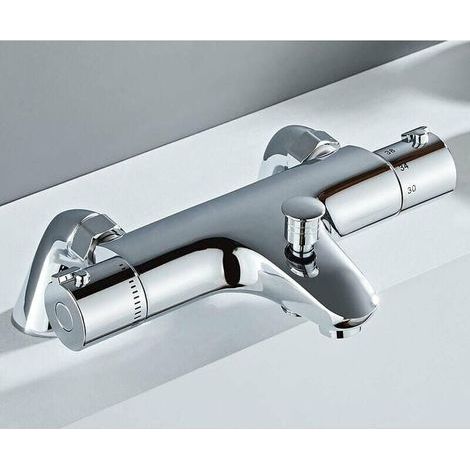 Mitigeur thermostatique de bain, Robinet thermostatique de bain, Mitigeur bain-douche à température contrôlée, Laiton, Finition chromée, Mitigeur thermostatique de bain (1/4)