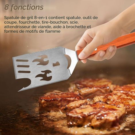 8 en 1 Ustensiles Barbecue Set, Spatule pour Barbecue de 42 cm et Fourchette de 33 cm, Manche en Acier Inoxydable et en Bois avec Décapsuleur, pour la Maison, Le Camping et Les Pique-Niques (1/4)