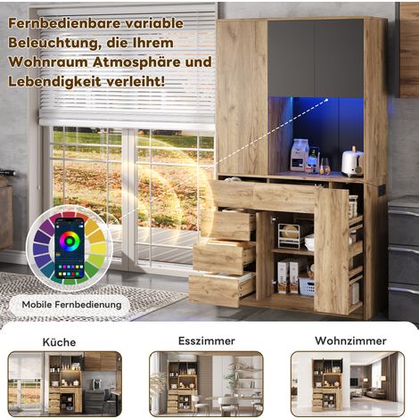 Meuble de rangement de cuisine, placard haut mural avec colonne à épices coulissante 4 étages, tablettes ajustables, éclairage LED télécommandé et prise, 185×105×40 cm. (1/5)