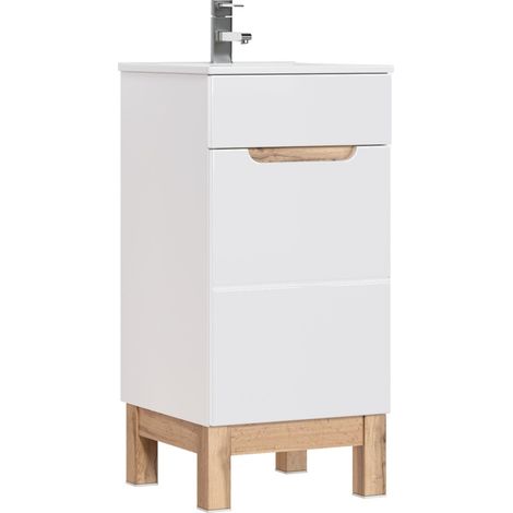 Möbelwaschtisch ERMANO – Helles Eichenholz und Hochglanzweiß – 40x84 cm – 1 Tür – Zum Aufstellen