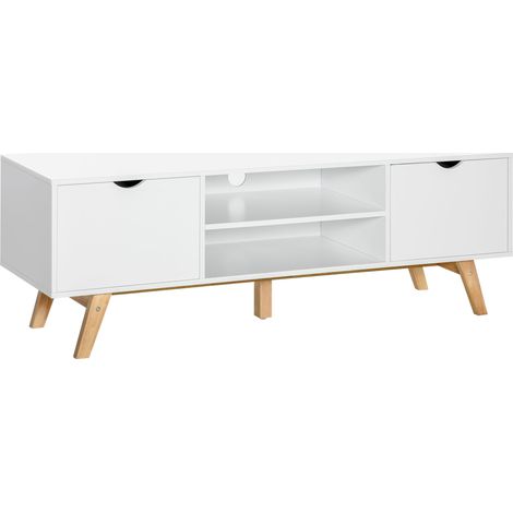 Meuble TV pied moderne style scandinave, blanc, 2 portes 2 niches, rangement salon, bois, 150 x 39 x 50 cm (1/5)