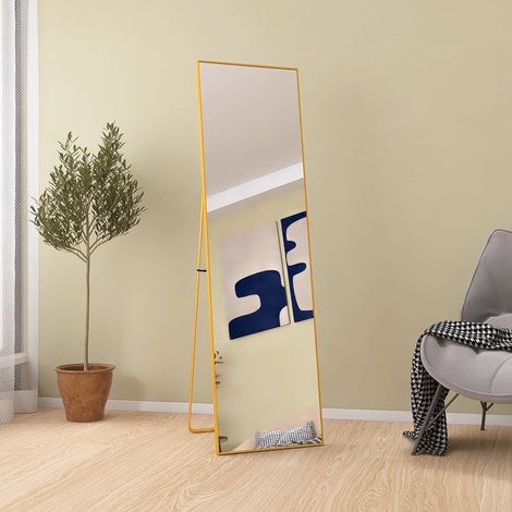Miroir sur pied rectangulaire, 140 x 40 cm, Miroir pleine longueur, cadre en alliage d'aluminium,verre incassable, convient aux salons, chambres, couloirs, or (1/5)