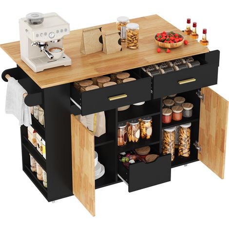 Îlot de cuisine mobile avec plan de travail rabattable,120×45-(71)×90cm,desserte rangement avec étagère à épices à 3 niveaux,3 tiroirs,Noir (1/5)