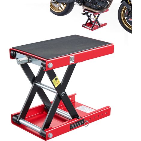Mophorn Motorradheber mit 499 kg Tragkraft, höhenverstellbar von 95-340 mm, robuste Stahlkonstruktion, breite Auflagefläche und Sicherheitsbolzen, ideal für Straßenmotorräder in Schwarz-Rot (1/5)