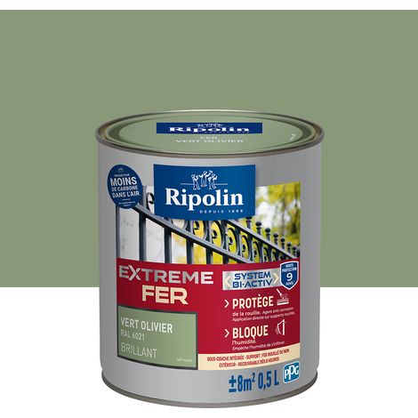 Ripolin – Peinture fer extérieur brillante 0,5L – Vert Olivier RAL 6021 – Antirouille et primaire pour métal – Application directe sur supports rouillés