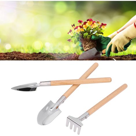 Ensemble de 3 outils de jardinage en acier inoxydable : petite pelle, usage domestique et agricole, pour planter des fleurs et cultiver des plantes, enlever la terre, râteau et désherber. (1/5)