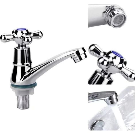 Grifo de lavabo monomando, grifo mezclador de agua fría, grifo de agua fría, grifo de lavabo de baño, grifo de lavabo cromado con manija cruzada y filtro (1/5)