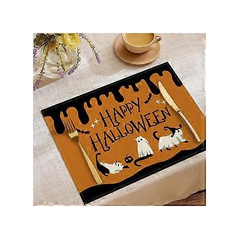 Halloween-Tischsets aus Leinen, Serie „Süßes oder Saures“, Kombinations-Tischsets, Restaurant-Festtagsdekoration, Geschirr-Isolierunterlagen (YMCD-22)