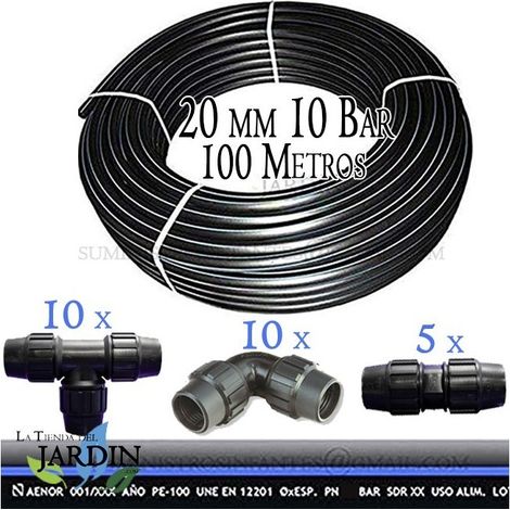Rohr PE100 HD 100m 1/2'' 20mm PN10 flexible HDPE Wasserleitung + 10 Winkelstücke, 10 T-Stücke und 5 Verbindungsstücke