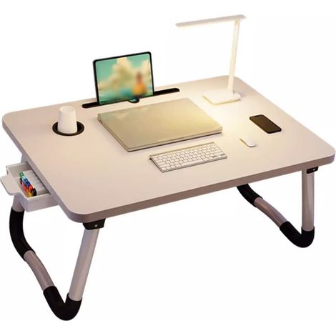 Support de lit pliable et portable pour ordinateur portable avec plateau et porte-gobelet, idéal pour lire, écrire et manger sur un canapé ou au sol (blanc). (1/3)