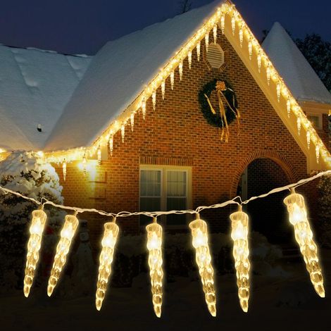 Jiubiaz Catena luminosa solare LED a forma di ghiaccioli, 10 m, 80 LED, bianco caldo 2800 K, 8 modalità, timer, telecomando, IP44, interno ed esterno (1/5)