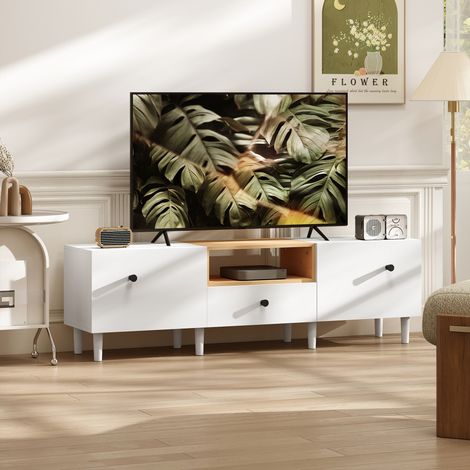 Blanc et bois - Armoire TV pour écran jusqu’à 70 pouces, 2 portes rabattables, charnières douces, tiroir et étagère ouverte, 150x35x45 cm