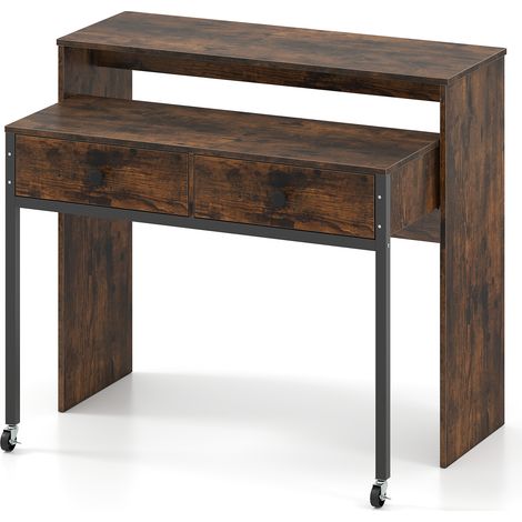 COSTWAY Extendable Computer Desk Convertible Home Office Desk w/ Drawers-Coffee (1/4)