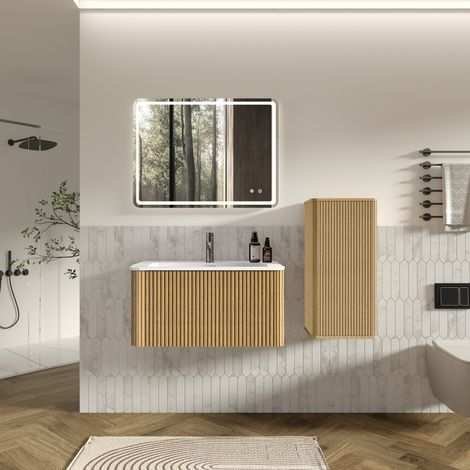 Ensemble meuble salle de bain suspendu 80cm-vasque en pierre artificielle-colonne latérale-façades rainurées-MDF-Chêne (1/5)