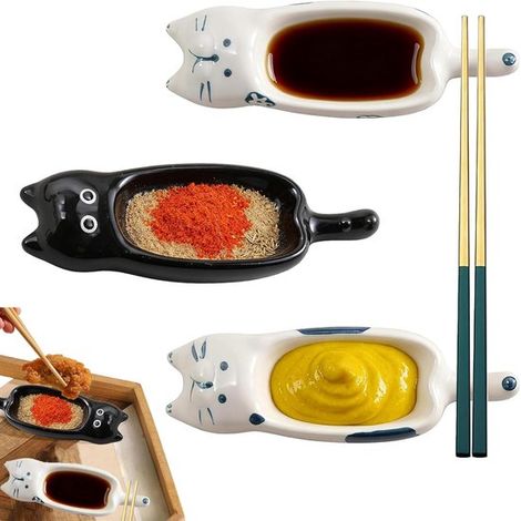 Set di 3 ciotoline per salse – 13 x 4,2 cm – A forma di gatto – In ceramica – Impilabili – Per ketchup, senape, salsa di soia, aceto (bianco) (1/5)