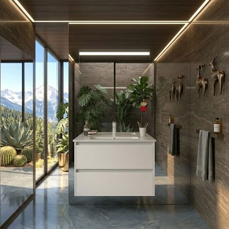 Meuble de salle de bains suspendu de 80 cm avec 2 tiroirs et lavabo encastré blanc satiné – Gamme