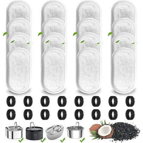 32 Stück Trinkbrunnen Filter, Filter Katzenbrunnen, Ersatzfilter für Katzenbrunnen für Edelstahl Katzenbrunnen für 108oz/3.2L und 67oz/2L,16 Stück Kohlefilter und 16 Stück Schaumfilter (1/5)