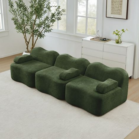 Canapé Modulaire 3 Places en Mousse 32D, Design Ondulé avec Assise Profonde et Accoudoir Amovible, Idéal pour Salon, Vert (1/5)