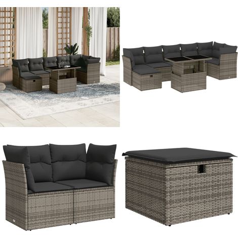 Salon de jardin 8 pcs avec coussins gris résine tressée - Ensemble Salon De Jardin - Mobilier Extérieur - Salon De Jardin Design - Table Basse Extensible - Chaise Lounge - Home & Living (1/5)