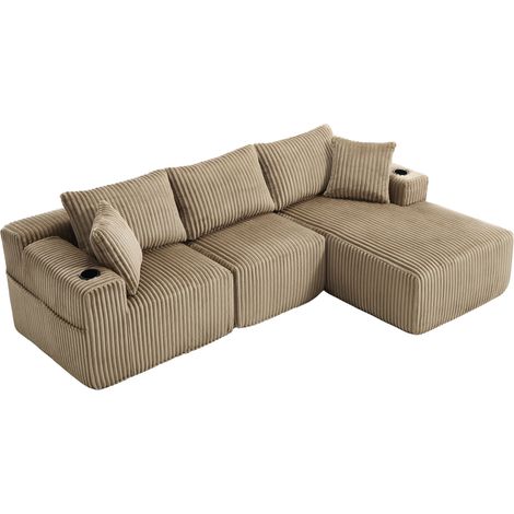Sofa modulaire avec chaiselongue et canapé 2 places en velours côtelé, 5 coussins, poches latérales et porte-gobelets, mousse haute densité, design sans montage (1/5)