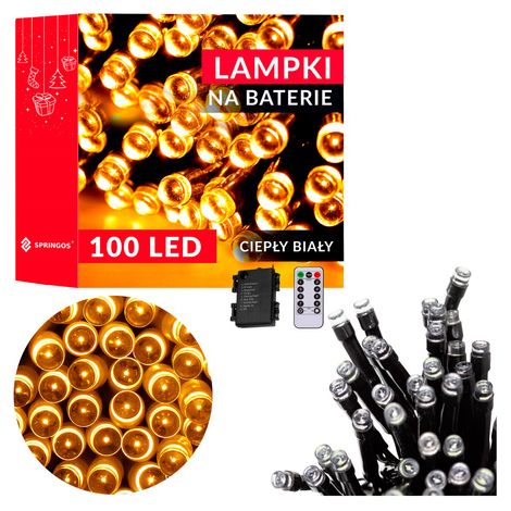 SPRINGOS LED-Lichterkette Weihnachtsbaumbeleuchtung 100 LEDs 8 Funktionen 10,5 m Batterie Outdoor Indoor Warmweiß