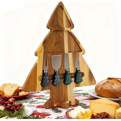 Planche de service en bois d'acacia en forme d'arbre de Noël - Ensemble de charcuterie double face avec 4 couteaux magnétiques et support rotatif - Plateau de fromage festif en cadeau pour collations (1/5)