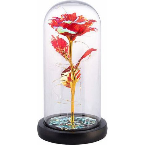 Rose artificielle translucide sous cloche avec LED - coloris rouge (1/5)