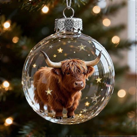 Décoration de Noël Vache des Highlands Rigolote 2025, Boules de Noël Transparentes, Décoration à Suspendre au Sapin de Noël, Collection Merveilles de la Faune 2026 (1/2)