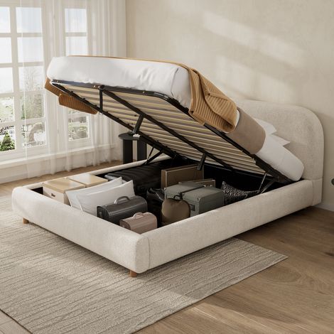 135x190cm 4ft6 Ottoman Storage Bed Frame with Round Silhouette, Arched Headboard, Double Upholstered Bed Frame with Boucle Fabric, Warm White