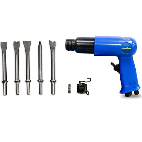 Perceuse à percussion pneumatique, avec compresseur, débit de 141 l/min, fréquence de soufflage de 350 coups/min, 5 burins (plat, poinçon conique, coupe-soudure, coupe-tôle, coupe-coupe) (1/5)
