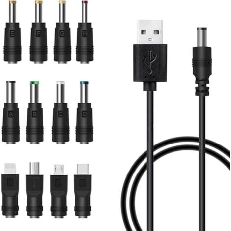 Câble USB vers DC, 12 en 1 USB A vers fiche creuse - Câble de charge - Câble d'alimentation avec 12 fiches pour routeur, appareil raiseur, TV Box, 1 m (noir)