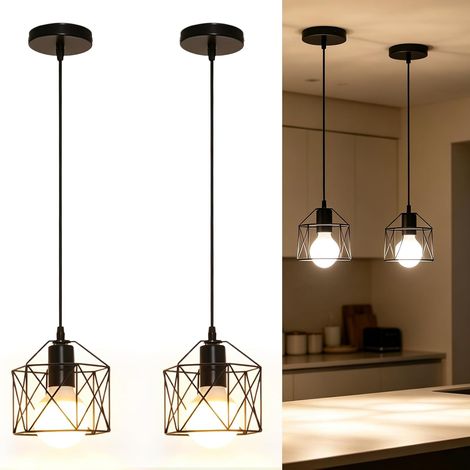 Lot de 2 Suspensions Vintage E27 Noires, Suspension Industrielle avec Abat-Jour Cage en Métal, Lampe Suspendue Rétro pour Cuisine, Salle à Manger, Salon, Chambre (Ampoule Non Incluse) (1/5)