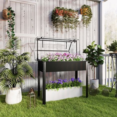 Carré potager surélevé avec serre, bac de culture en métal noir 100 x 48 x 124 cm (1/5)