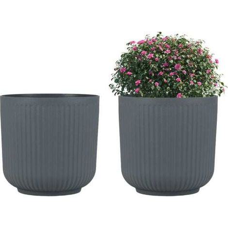 Lot de 2 jardinières rondes grises en plastique avec rayures verticales et drainage personnalisable pour balcon jardin et entrée (1/2)