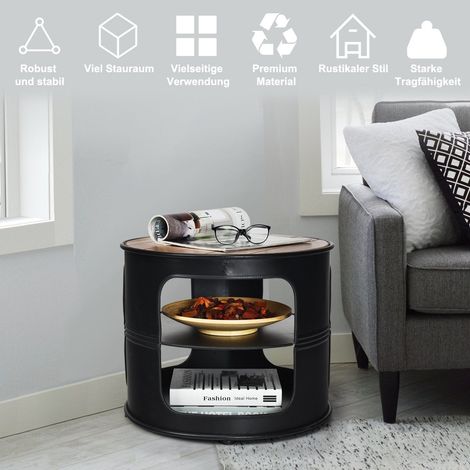 Industrie couchtisch aus holz metall mit 2 regalebenen bis 50 kg belastbar schwarz