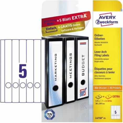 Ordnerrückenetikett ultragrip schmal/lang 38 x 297 mm (B x H) selbstklebend mit Griffloch weiß 150 Etik./Pack. (1/5)