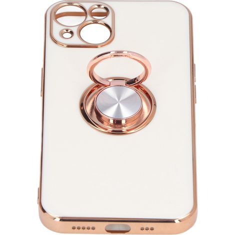 Étui pour iPhone 13 avec anneau de support plaqué or rose pailleté, ultra fin et flexible, en TPU blanc.