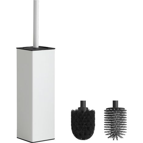Brosse WC Blanc, Brosse Toilettes WC Metal Incluant 2 Têtes de Brosse, Balai WC Carré Autoportant pour la Salle de Bains (1/5)