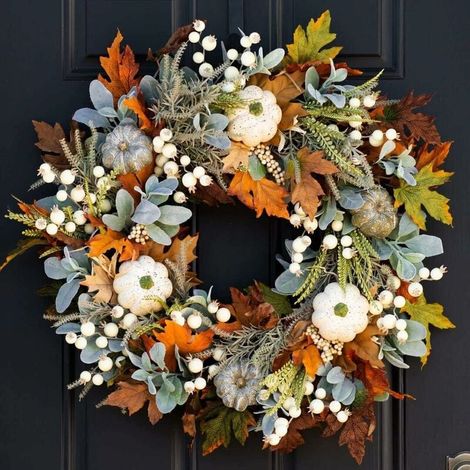Couronne Automne Décoration Automnale de Porte Guirlande Feuille d'automne Citrouille Artifici Thanksgiving Vert (1/4)